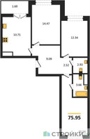 Планировка трехкомнатной(квартира) площадью 75.95 квадратных метров в “ЖК Sezar City (Сезар Сити)”