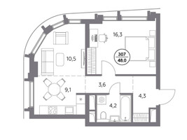Планировка однокомнатной(квартира) площадью 48 квадратных метров в “ЖК Дом 56”