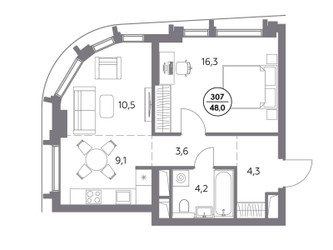 Планировка однокомнатной(квартира) площадью 48 квадратных метров в ЖК “ЖК Дом 56”