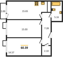 Планировка двухкомнатной(квартира) площадью 60.39 квадратных метров в “ЖК Катуар”