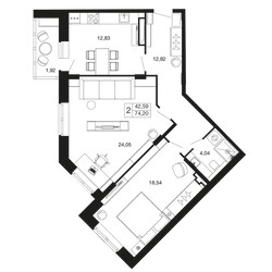 Планировка двухкомнатной(квартира) площадью 74.1 квадратных метров в ЖК “ЖК Времена года”
