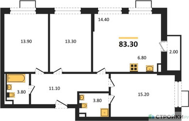 Планировка трехкомнатной(квартира) площадью 83.3 квадратных метров в ЖК “ЖК Скандинавия”