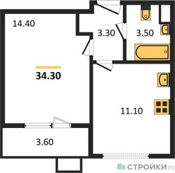 Планировка однокомнатной(квартира) площадью 34.3 квадратных метров в ЖК “ЖК ЮЖНАЯ БИТЦА”