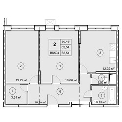 Планировка двухкомнатной(квартира) площадью 62.54 квадратных метров в ЖК “Экоград Новый Катуар”