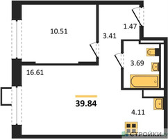 Планировка однокомнатной(квартира) площадью 39.84 квадратных метров в “ЖК Пригород Лесное”