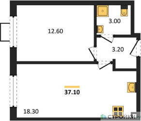 Планировка однокомнатной(квартира) площадью 37.1 квадратных метров в ЖК “ЖК Лучи-2”