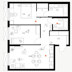 Планировка двухкомнатной(квартира) площадью 65.5 квадратных метров в ЖК “ЖК Плеханова 11”