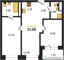 Планировка двухкомнатной(квартира) площадью 50.9 квадратных метров в ЖК “ЖК Пушкино Град”