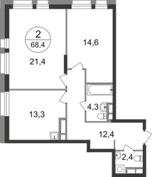 Планировка двухкомнатной(квартира) площадью 68.4 квадратных метров в ЖК “ЖК Первый Московский”