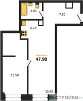 Планировка однокомнатной(квартира) площадью 47.9 квадратных метров в “ЖК Voice Towers (Войс Тауэрс)”