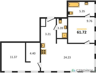 Планировка двухкомнатной(квартира) площадью 61.72 квадратных метров в ЖК “ЖК Insider (Инсайдер)”