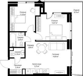Планировка двухкомнатной(квартира) площадью 66.72 квадратных метров в ЖК “ЖК Джойс”