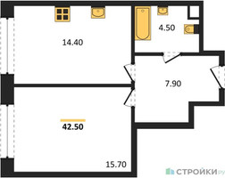 Планировка однокомнатной(квартира) площадью 42.5 квадратных метров в “ЖК Нагатино Ай-Лэнд”
