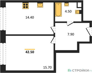 Планировка однокомнатной(квартира) площадью 42.5 квадратных метров в ЖК “ЖК Нагатино Ай-Лэнд”