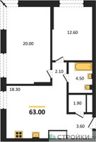 Планировка двухкомнатной(квартира) площадью 63 квадратных метров в “ЖК Первый Московский”