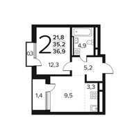 Планировка двухкомнатной(квартира) площадью 36.9 квадратных метров в “Новые Ватутинки. Заречный”