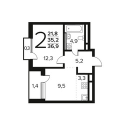 Планировка двухкомнатной(квартира) площадью 36.9 квадратных метров в ЖК “Новые Ватутинки. Заречный”