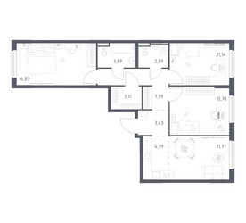 Планировка трехкомнатной(квартира) площадью 76.86 квадратных метров в ЖК “ЖК Мытищи Парк”