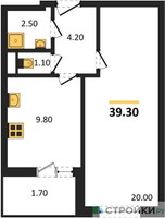 Планировка однокомнатной(квартира) площадью 39.3 квадратных метров в “ЖК Одинцово Сити”