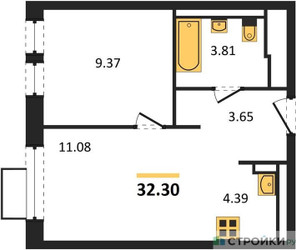 Планировка однокомнатной(квартира) площадью 32.3 квадратных метров в ЖК “ЖК Квартал Ивакино”