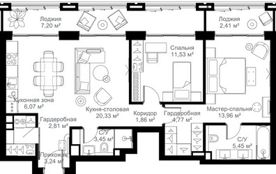 Планировка двухкомнатной(квартира) площадью 83.08 квадратных метров в ЖК “Архитектурный проект Мыс”