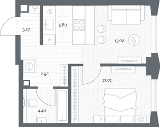 Планировка однокомнатной(квартира) площадью 42.48 квадратных метров в ЖК “ЖК TATE (Тэйт)”