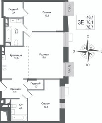 Планировка трехкомнатной(квартира) площадью 76.1 квадратных метров в ЖК “ЖК КИНОКВАРТАЛ”