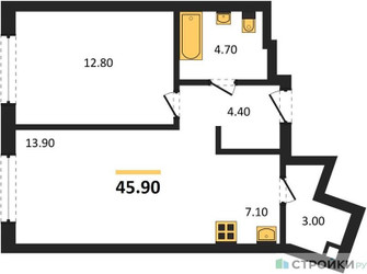 Планировка однокомнатной(квартира) площадью 45.9 квадратных метров в ЖК “ЖК Родина Переделкино”