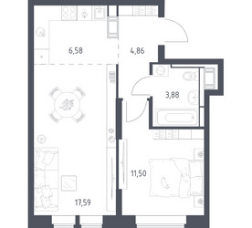 Планировка однокомнатной(квартира) площадью 44.41 квадратных метров в ЖК “ЖК Большое Путилково”