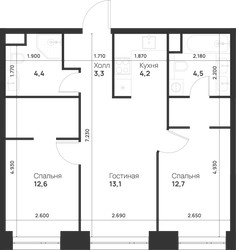 Планировка двухкомнатной(квартира) площадью 54.8 квадратных метров в ЖК “ЖК Войс”