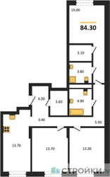 Планировка трехкомнатной(квартира) площадью 84.3 квадратных метров в ЖК “ЖК Детали”