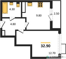 Планировка однокомнатной(квартира) площадью 32.9 квадратных метров в “ЖК Бунинские кварталы”