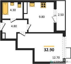 Планировка однокомнатной(квартира) площадью 32.9 квадратных метров в ЖК “ЖК Бунинские кварталы”