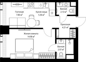 Планировка однокомнатной(квартира) площадью 37.45 квадратных метров в “ЖК Веер”