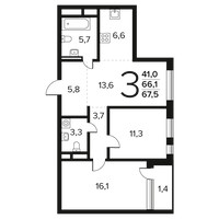 Планировка трехкомнатной(квартира) площадью 67.5 квадратных метров в “Новые Ватутинки. Заречный”