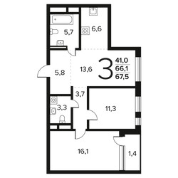 Планировка трехкомнатной(квартира) площадью 67.5 квадратных метров в ЖК “Новые Ватутинки. Заречный”
