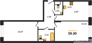 Планировка двухкомнатной(квартира) площадью 59.3 квадратных метров в “ЖК Движение. Говорово”