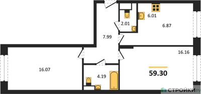 Планировка двухкомнатной(квартира) площадью 59.3 квадратных метров в ЖК “ЖК Движение. Говорово”