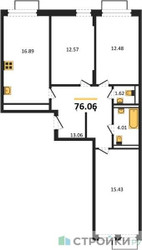 Планировка трехкомнатной(квартира) площадью 76.06 квадратных метров в ЖК “ЖК Квартал Строгино”