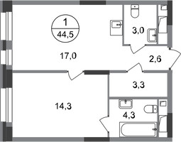Планировка однокомнатной(квартира) площадью 44.5 квадратных метров в “ЖК Первый Московский”