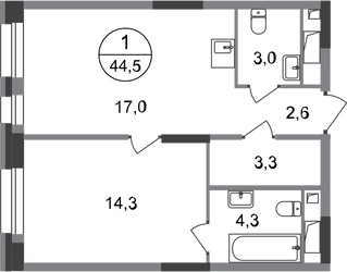 Планировка однокомнатной(квартира) площадью 44.5 квадратных метров в ЖК “ЖК Первый Московский”