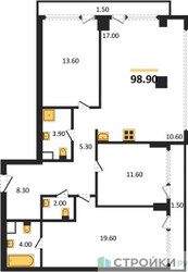Планировка трехкомнатной(квартира) площадью 98.9 квадратных метров в ЖК “ЖК River Park Кутузовский (Ривер Парк Тауэрс)”