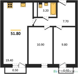 Планировка двухкомнатной(квартира) площадью 51.8 квадратных метров в ЖК “ЖК Южная Долина”