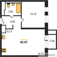 Планировка однокомнатной(квартира) площадью 43.47 квадратных метров в “ЖК Пятницкие луга”
