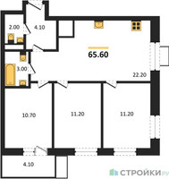 Планировка трехкомнатной(квартира) площадью 65.6 квадратных метров в “ЖК Союзный”