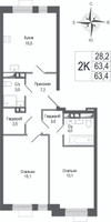 Планировка двухкомнатной(квартира) площадью 63.4 квадратных метров в “ЖК КИНОКВАРТАЛ”