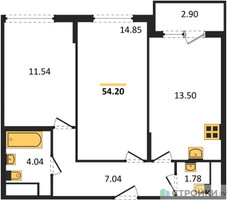 Планировка двухкомнатной(квартира) площадью 54.2 квадратных метров в “ЖК Светлый мир БиоПолис”