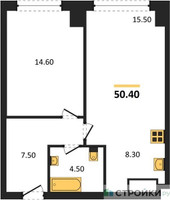 Планировка однокомнатной(квартира) площадью 50.4 квадратных метров в “ЖК Very (Вери)”