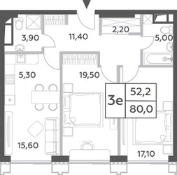 Планировка трехкомнатной(квартира) площадью 80 квадратных метров в ЖК “ЖК Will Towers (Вилл Тауэрс)”