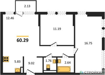 Планировка двухкомнатной(квартира) площадью 60.29 квадратных метров в ЖК “ЖК Остафьево”